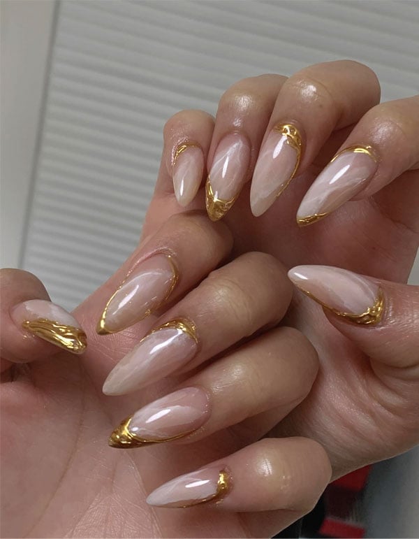 Long Almond Nude Pink With Geometric Gold Outline Long Almond Nude Pink With Geometric Gold Outline — Classy Rose Gold Nails