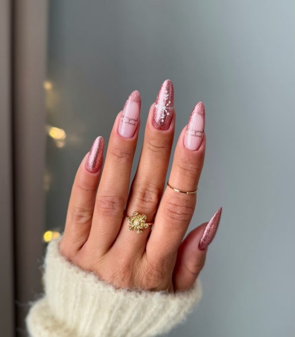 Long Almond With Glitter French and Snowflake Accent Long Almond With Glitter French and Snowflake Accent — Classy Rose Gold Nails