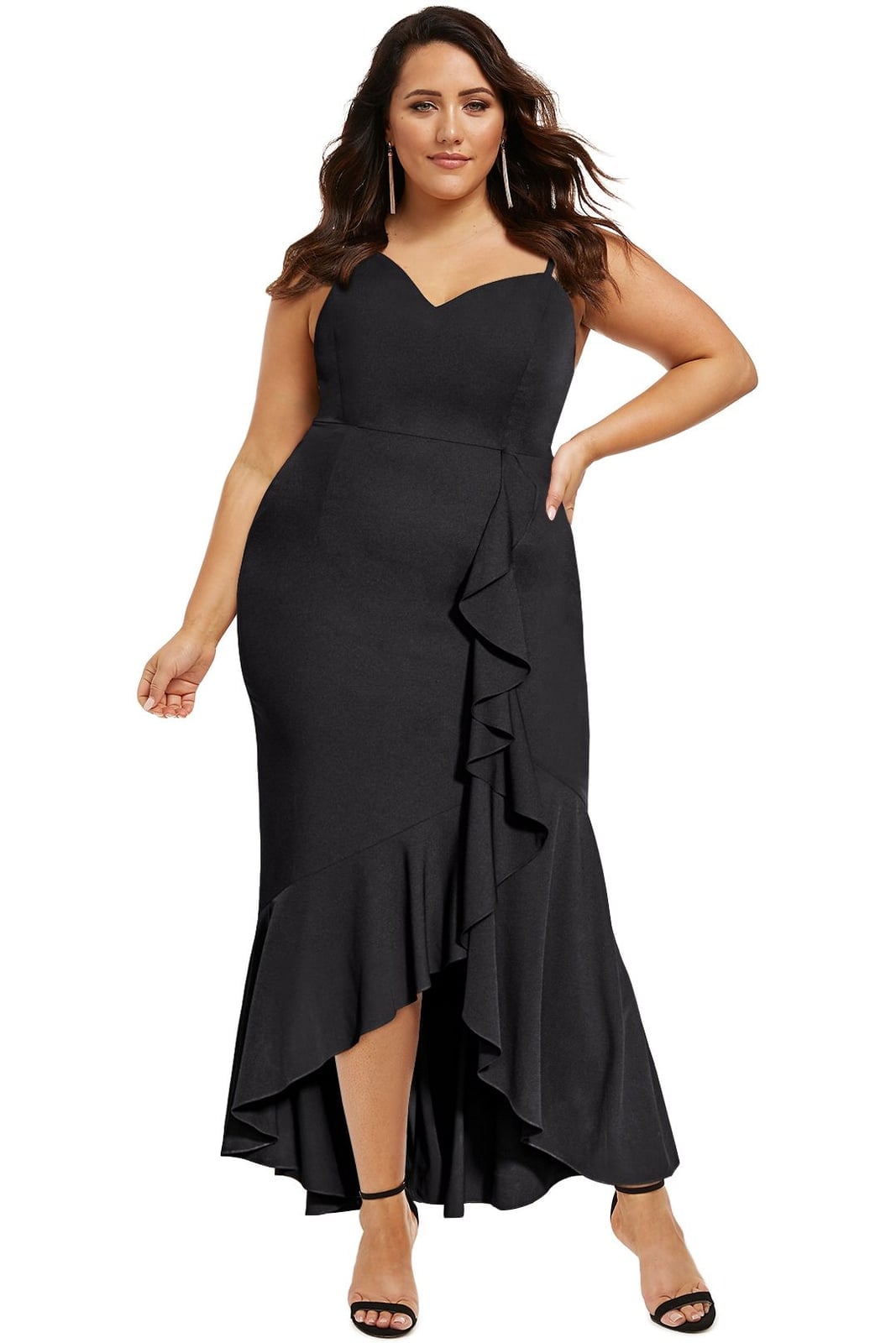 Black Crepe High-Low Dress with Diagonal Ruffle Black Crepe High-Low Dress with Diagonal Ruffle — Classy Ruffle Dresses