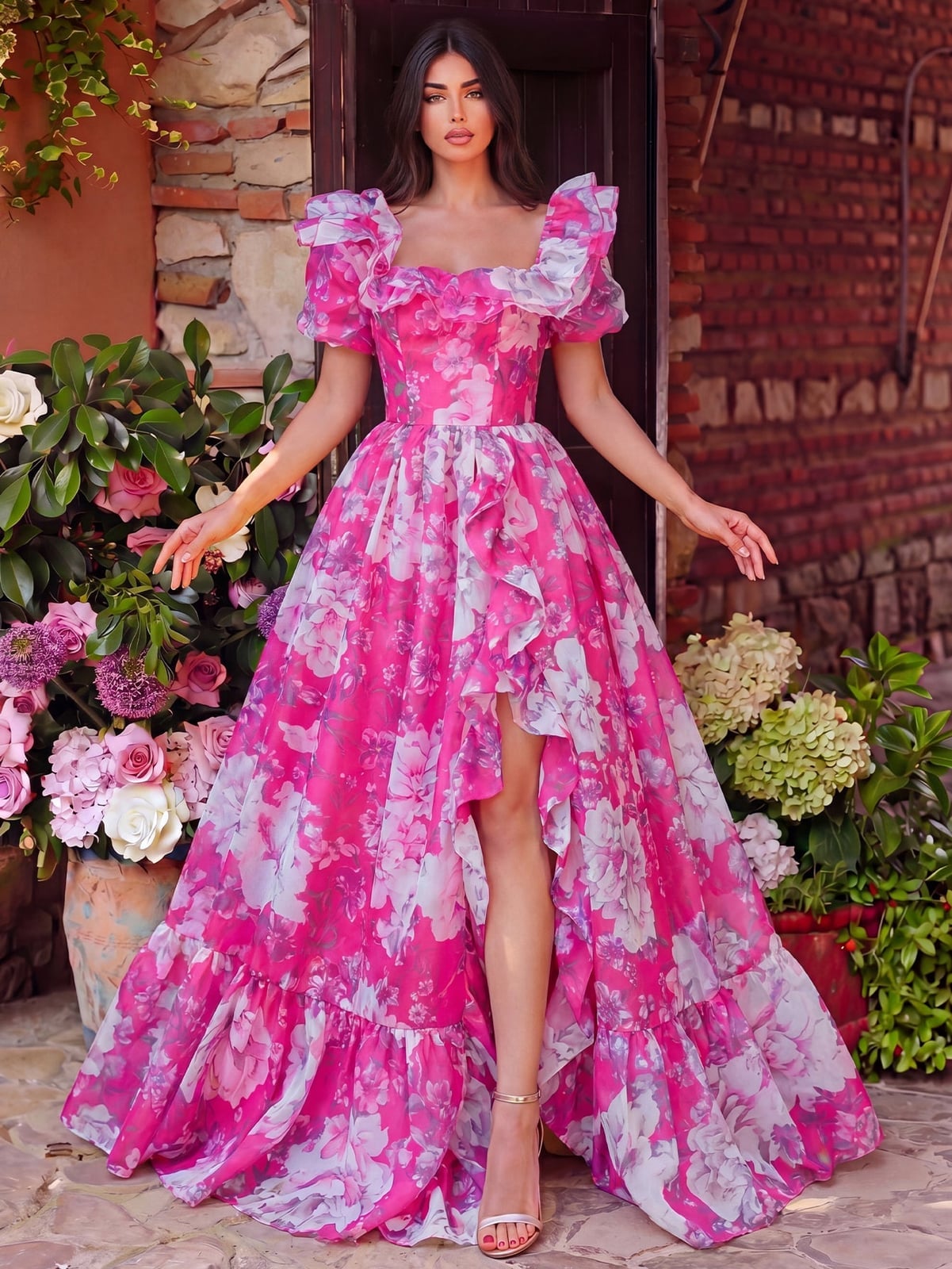 Pink and White Floral Organza Dress with Ruffled Sleeves Pink and White Floral Organza Dress with Ruffled Sleeves — Classy Ruffle Dresses