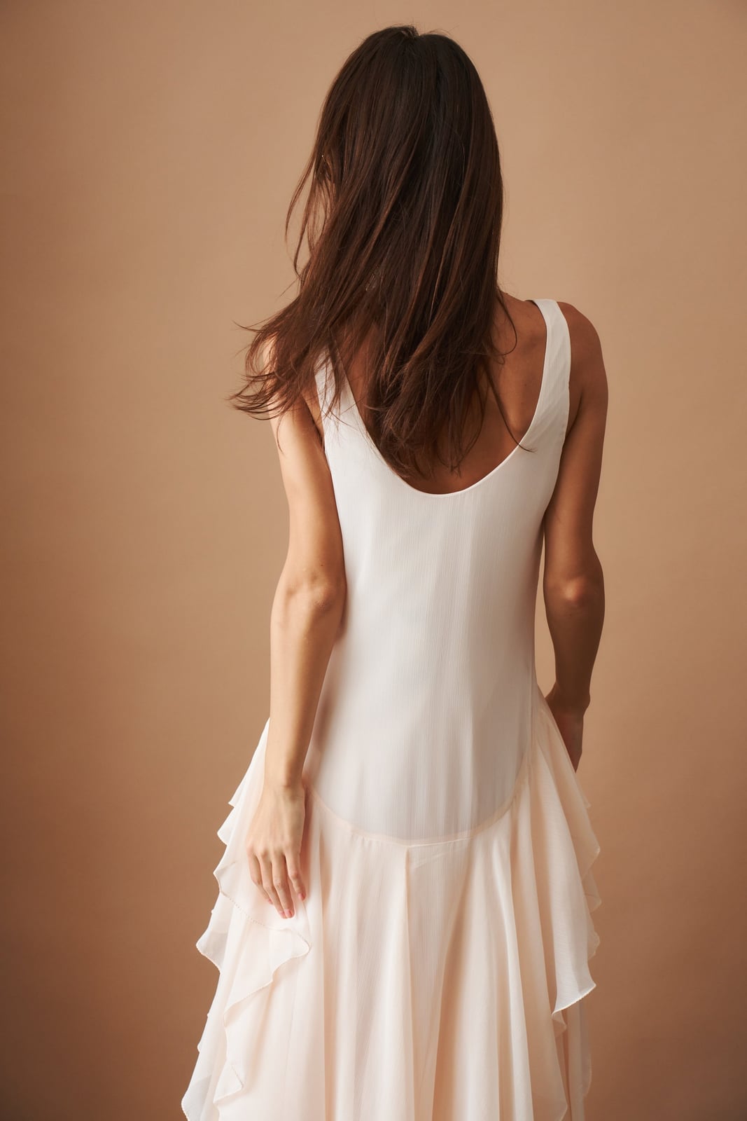 White Chiffon Dress with Tiered Ruffled Hem Detail, Close-Up Take White Chiffon Dress with Tiered Ruffled Hem Detail, Close-Up Take — Classy Ruffle Dresses