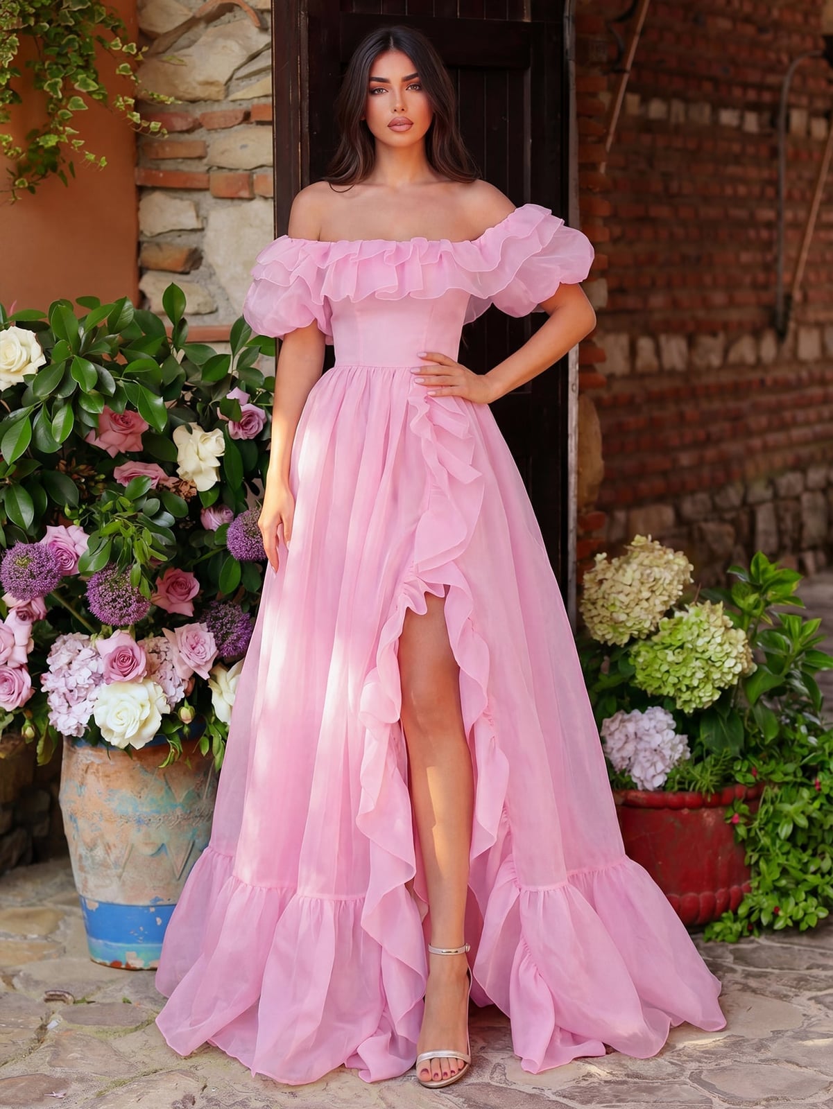 Light Pink Organza Dress with Ruffled Neckline, Close-Up Take Light Pink Organza Dress with Ruffled Neckline, Close-Up Take — Classy Ruffle Dresses