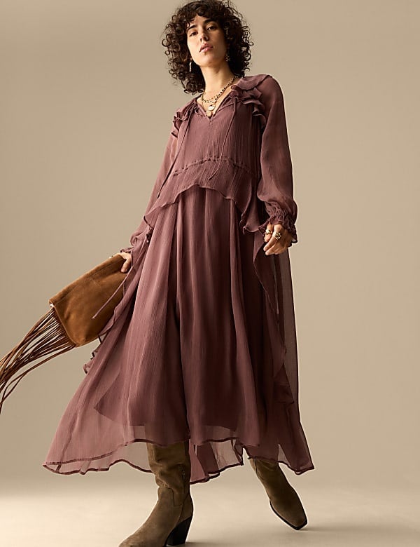 Mauve Maxi Dress with Ruffled Tiers and Tie Neck Mauve Maxi Dress with Ruffled Tiers and Tie Neck — Classy Ruffle Dresses