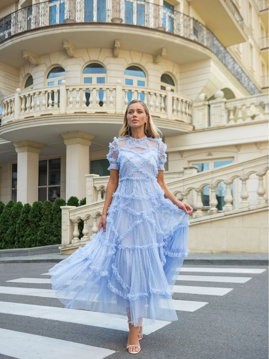 Light Blue Tulle Dress with Ruffled Tiers, Close-Up Take Light Blue Tulle Dress with Ruffled Tiers, Close-Up Take — Classy Ruffle Dresses