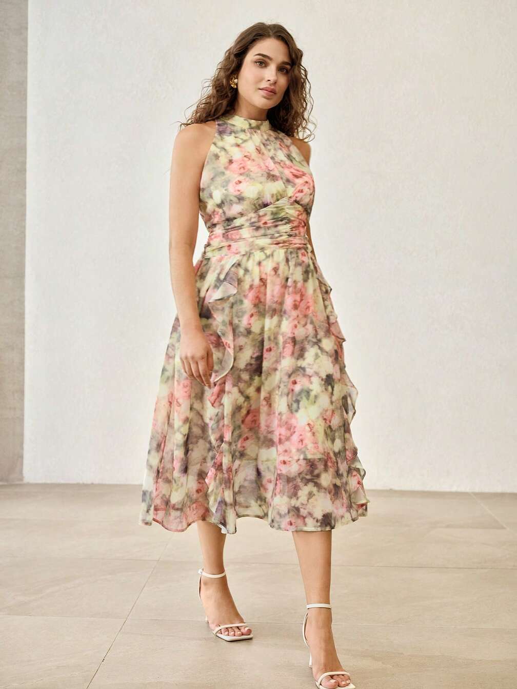 Floral Print Midi Dress with Ruffled Tiers, Close-Up Take Floral Print Midi Dress with Ruffled Tiers, Close-Up Take — Classy Ruffle Dresses