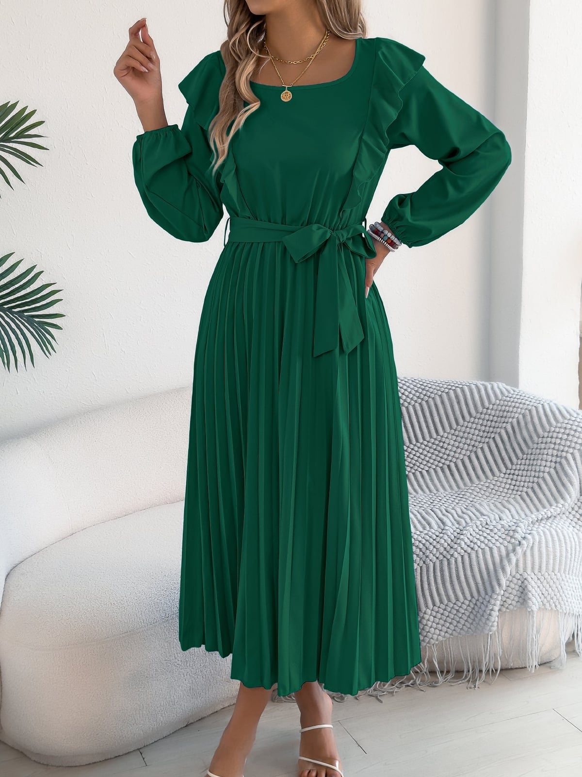Emerald Green Pleated Dress with Ruffled Shoulders, Close-Up Take Emerald Green Pleated Dress with Ruffled Shoulders, Close-Up Take — Classy Ruffle Dresses