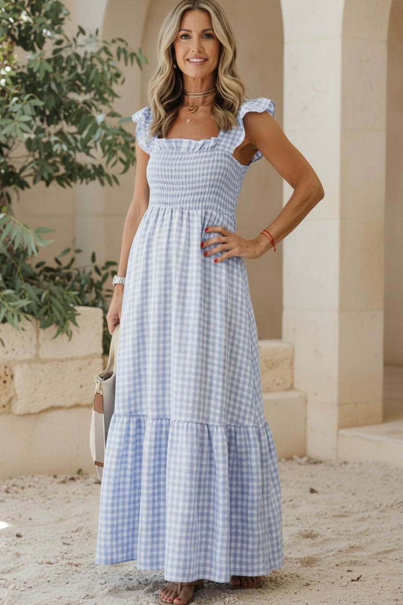 Blue and White Gingham Check Maxi Dress, Office-Safe Version Blue and White Gingham Check Maxi Dress, Office-Safe Version — Classy Ruffle Dresses