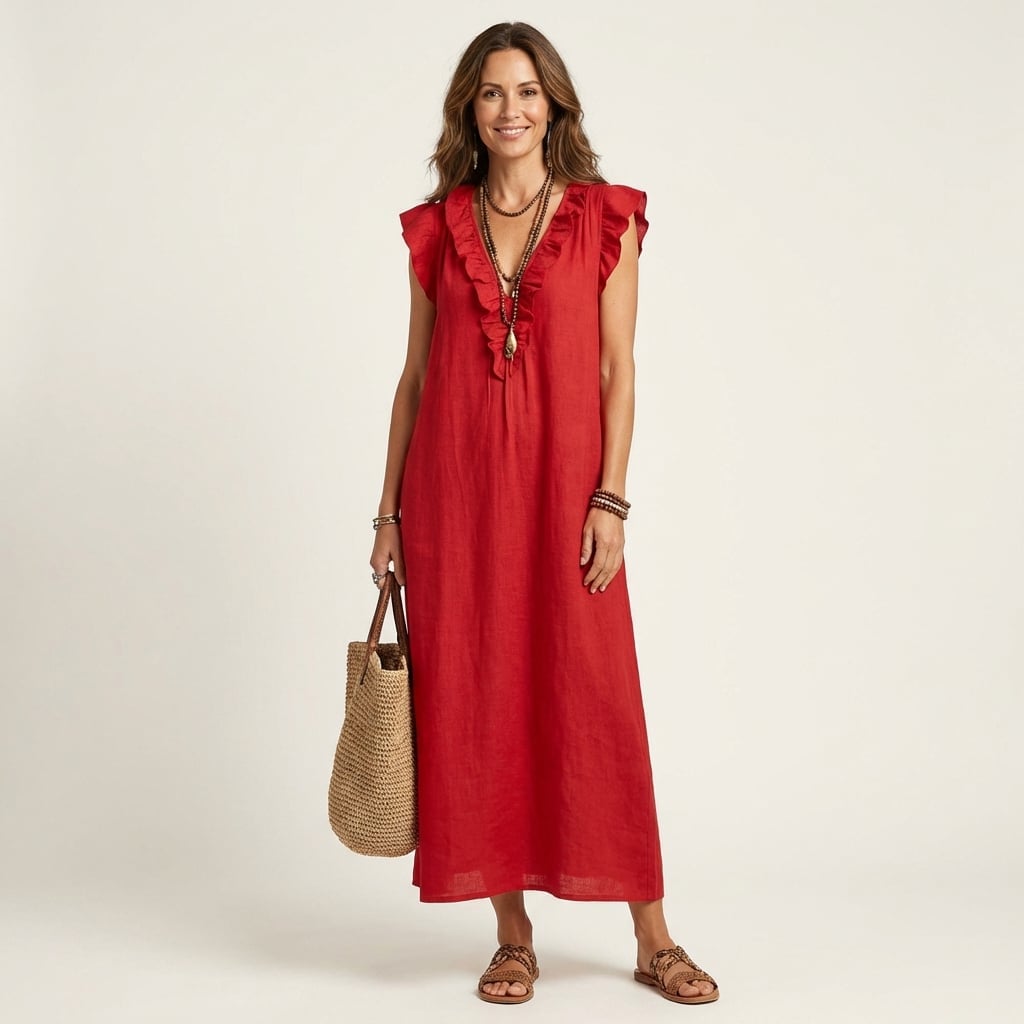 Vibrant Red Linen Maxi Dress with Ruffled V-neckline Vibrant Red Linen Maxi Dress with Ruffled V-neckline — Classy Ruffle Dresses