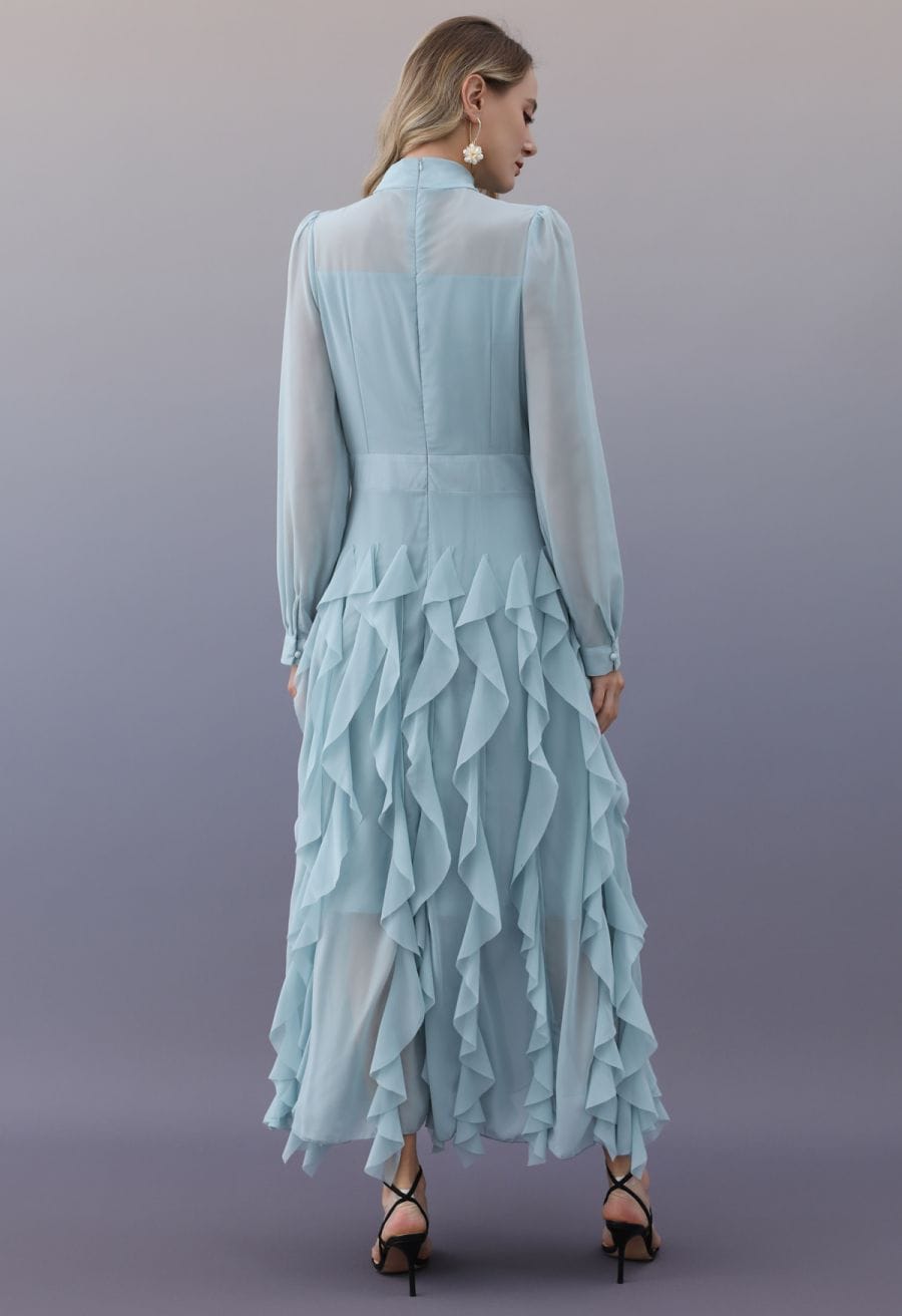 Light Blue Chiffon Maxi Dress with Cascading Ruffles Light Blue Chiffon Maxi Dress with Cascading Ruffles — Classy Ruffle Dresses