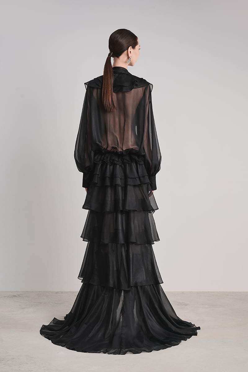 Black Sheer Ruffled Maxi Dress with Tiered Skirt Black Sheer Ruffled Maxi Dress with Tiered Skirt — Classy Ruffle Dresses