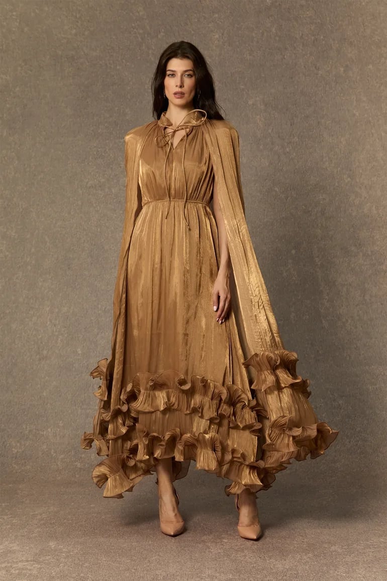 Gold Satin Midi Dress with Ruffled Hem and Cape Effect Gold Satin Midi Dress with Ruffled Hem and Cape Effect — Classy Ruffle Dresses