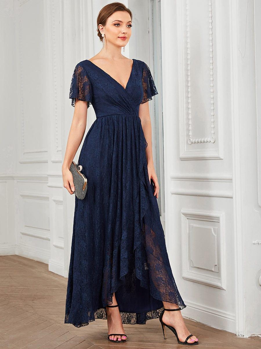 Navy Lace Dress with Ruffled Asymmetrical Hem Navy Lace Dress with Ruffled Asymmetrical Hem — Classy Ruffle Dresses