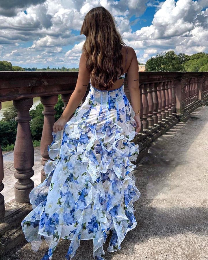 Blue and White Floral Maxi Dress with Tiered Ruffles Blue and White Floral Maxi Dress with Tiered Ruffles — Classy Ruffle Dresses