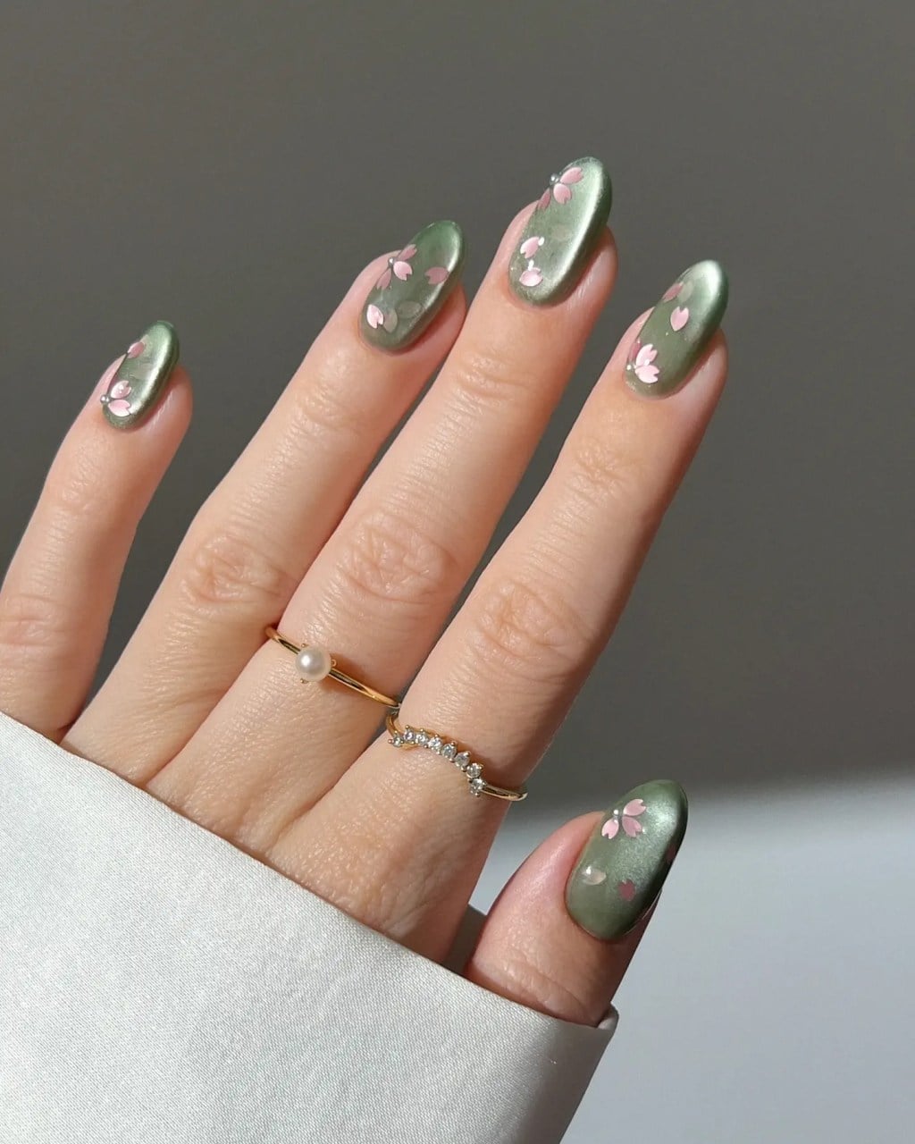 Muted Sage Oval Nails With Pearl Embellishments Muted Sage Oval Nails With Pearl Embellishments — Classy Sage Nails