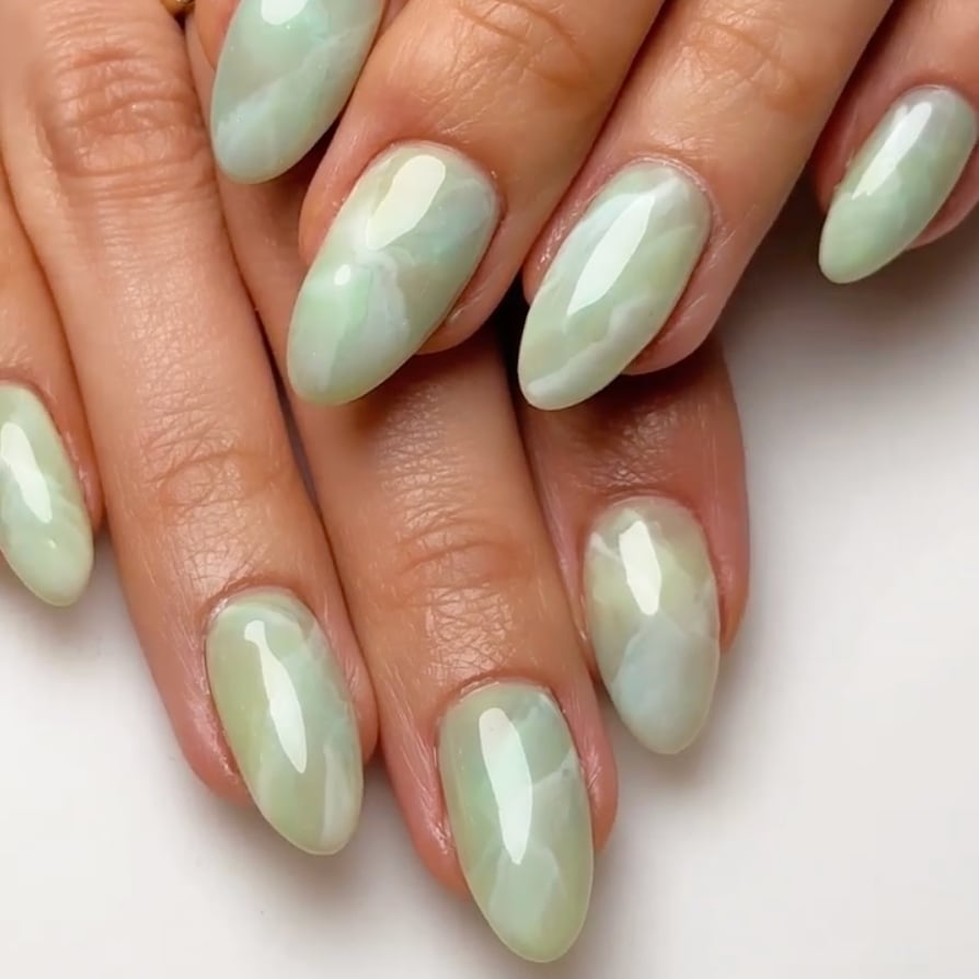 Mint Green Marble Effect Medium Almond Nails Mint Green Marble Effect Medium Almond Nails — Classy Sage Nails