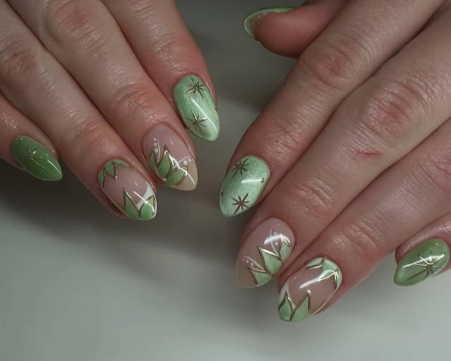 Matte Sage With Gold Foil Leaf Motifs Matte Sage With Gold Foil Leaf Motifs — Classy Sage Nails