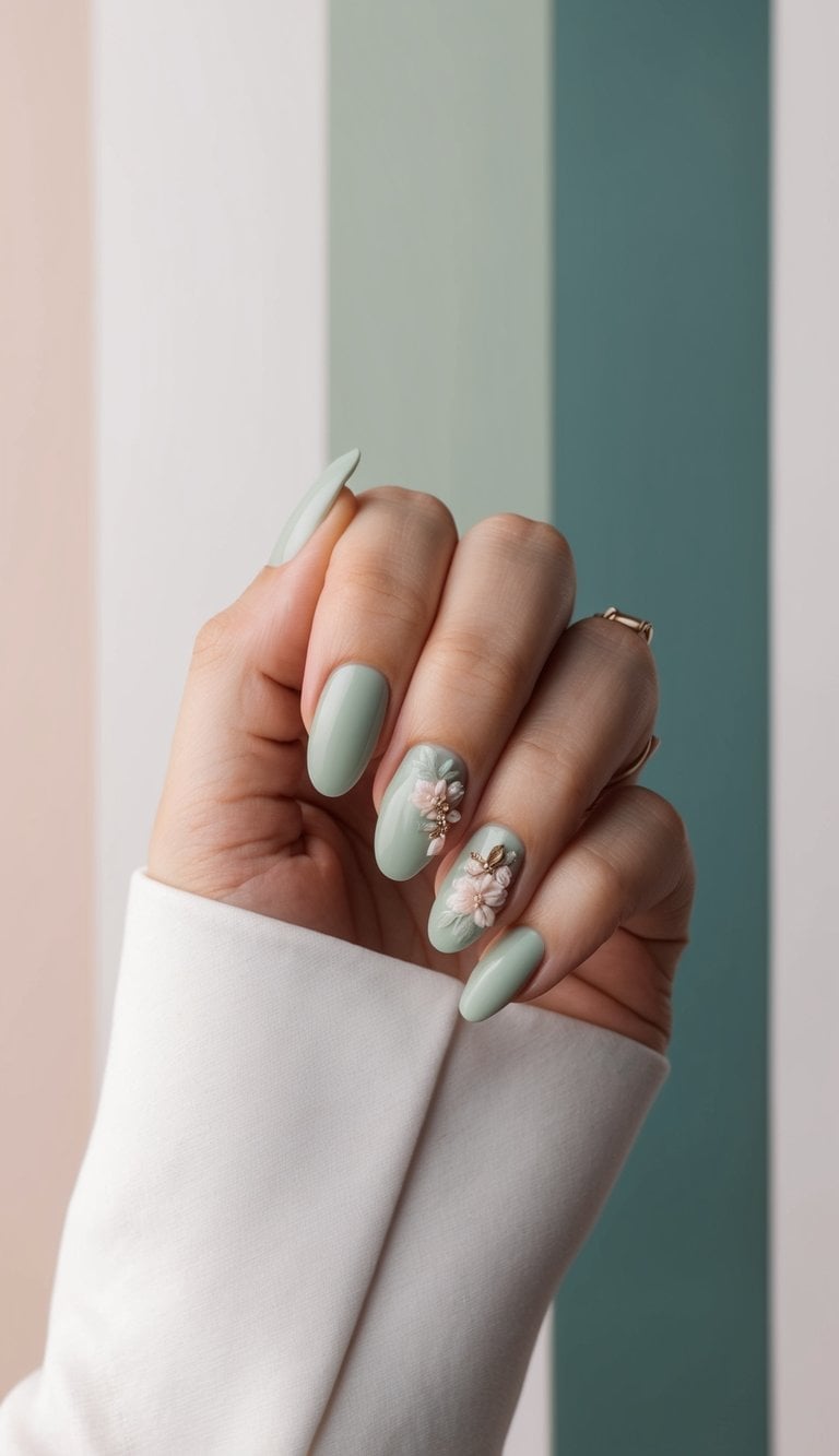 Sage Green Oval With 3D Pink And Gold Flowers Sage Green Oval With 3D Pink And Gold Flowers — Classy Sage Nails