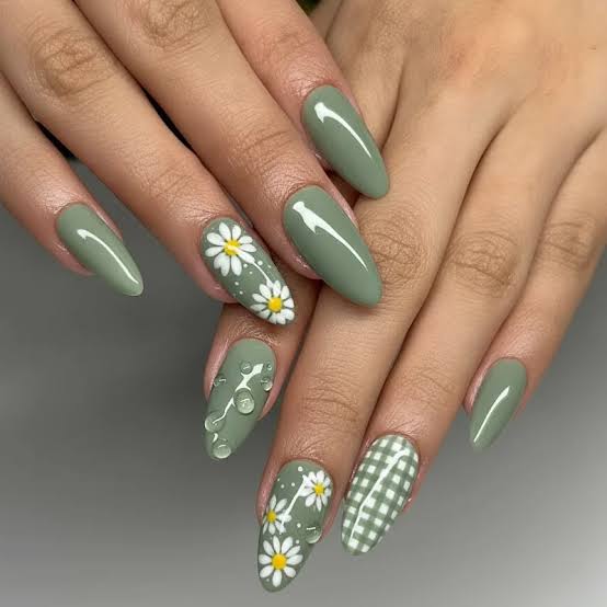 Sage Green Almond With Daisy Gingham Art Sage Green Almond With Daisy Gingham Art — Classy Sage Nails