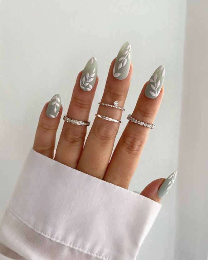 Long Almond Matte Sage With Leaf Motifs Long Almond Matte Sage With Leaf Motifs — Classy Sage Nails