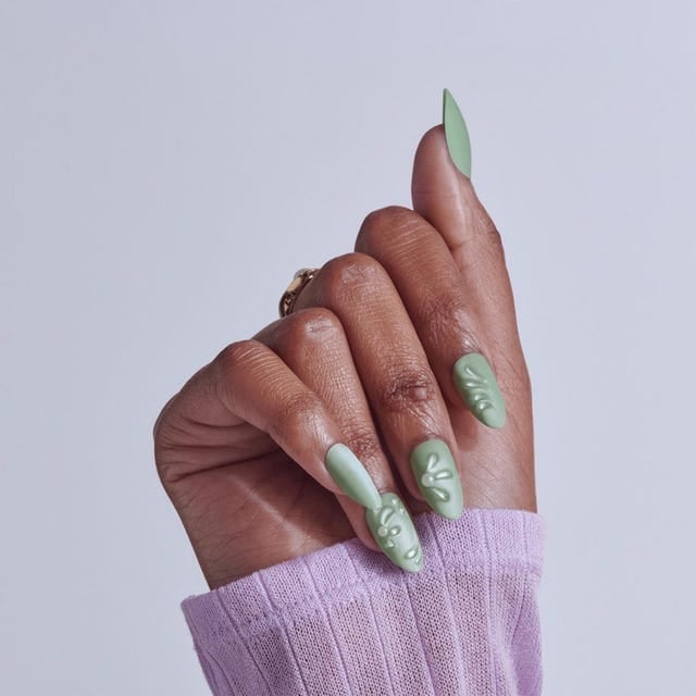 Long Almond Matte Sage With 3D Flowers Long Almond Matte Sage With 3D Flowers — Classy Sage Nails