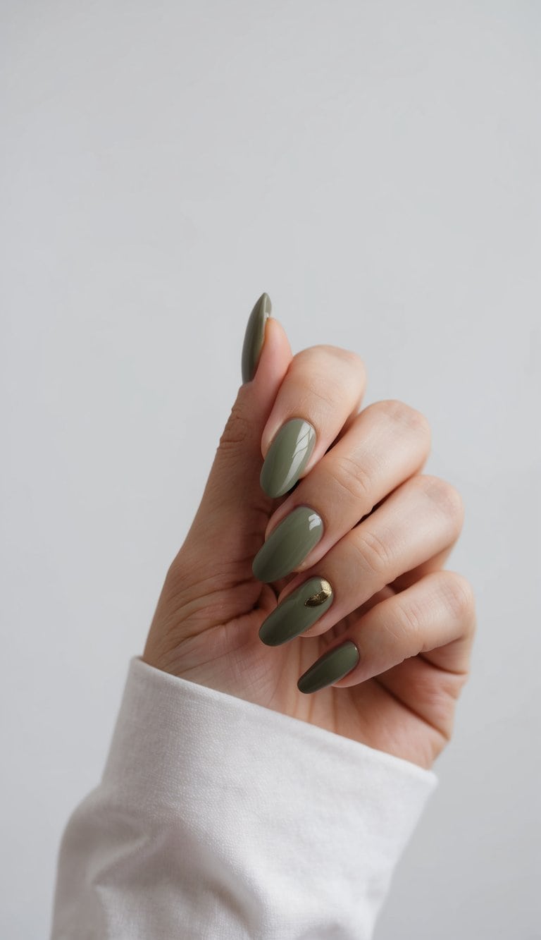Long Almond Olive Green With Gold Stud Long Almond Olive Green With Gold Stud — Classy Sage Nails