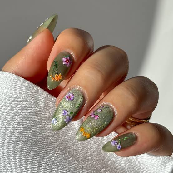 Long Almond Matte Sage With Multi-Color Florals Long Almond Matte Sage With Multi-Color Florals — Classy Sage Nails