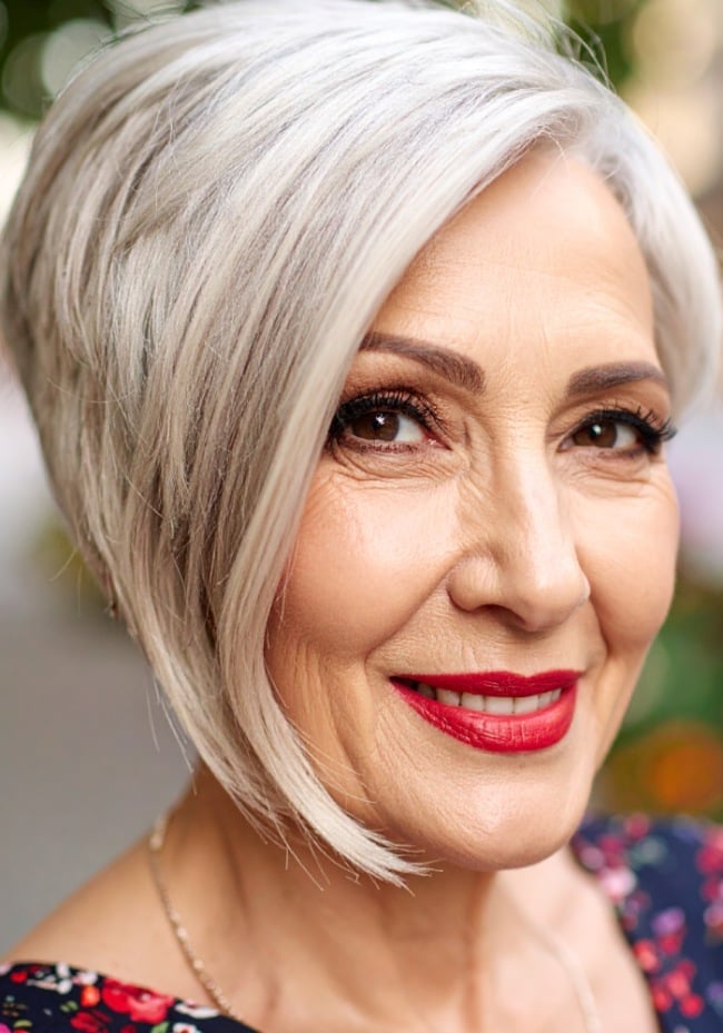 Angled Bob for Older Women with Gray Hair