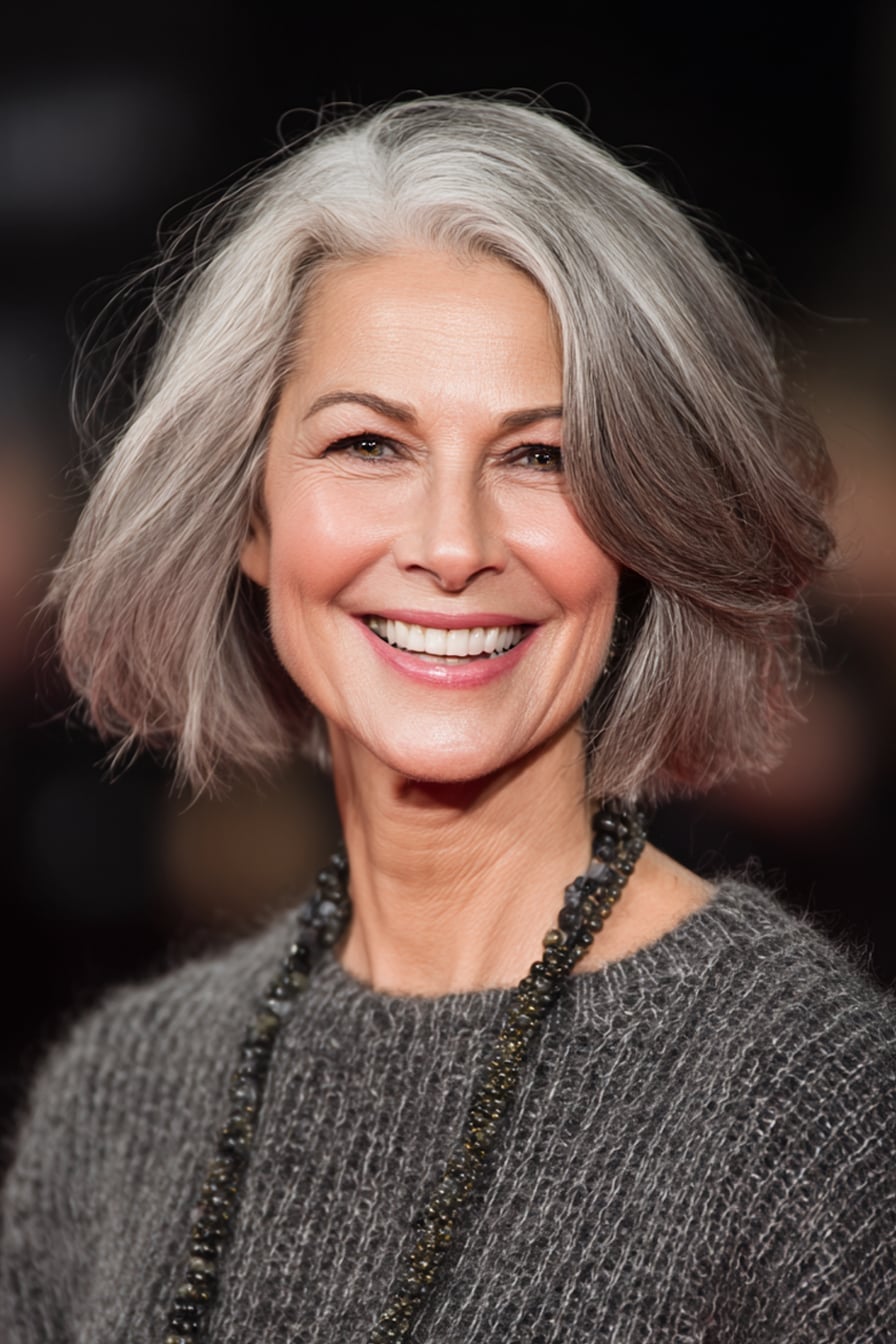 Collarbone Bob With Soft Waves, Side-Swept Collarbone Bob With Soft Waves, Side-Swept — Classy Salt and Pepper Hair