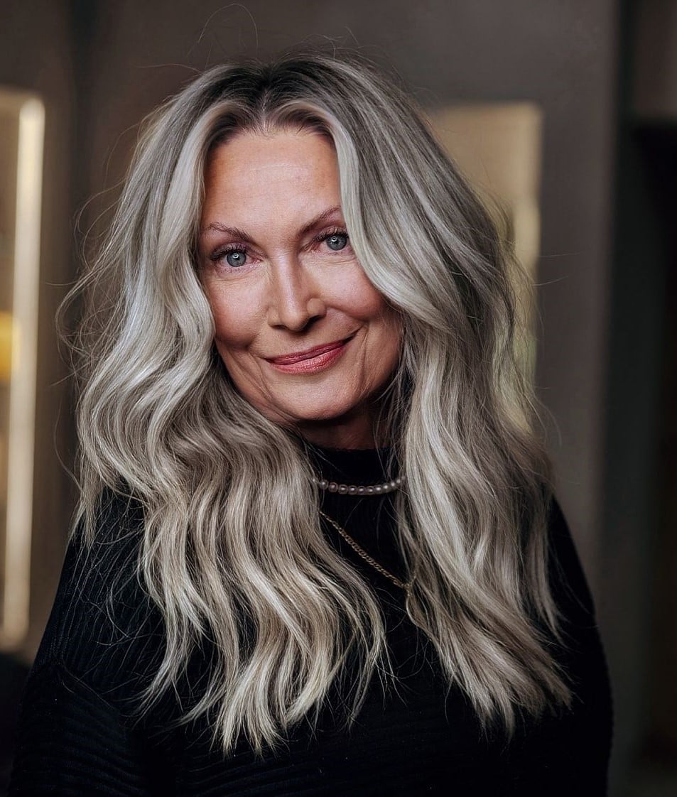 Mid-Back Layers With Ash Blonde Highlights Mid-Back Layers With Ash Blonde Highlights — Classy Salt and Pepper Hair