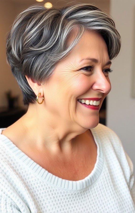 Short Pixie With Soft Swept Bangs Short Pixie With Soft Swept Bangs — Classy Salt and Pepper Hair