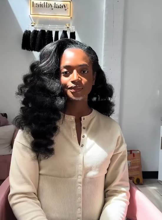 Mid-Back Natural Black Curls, Middle — Classy Sew in Hairstyles