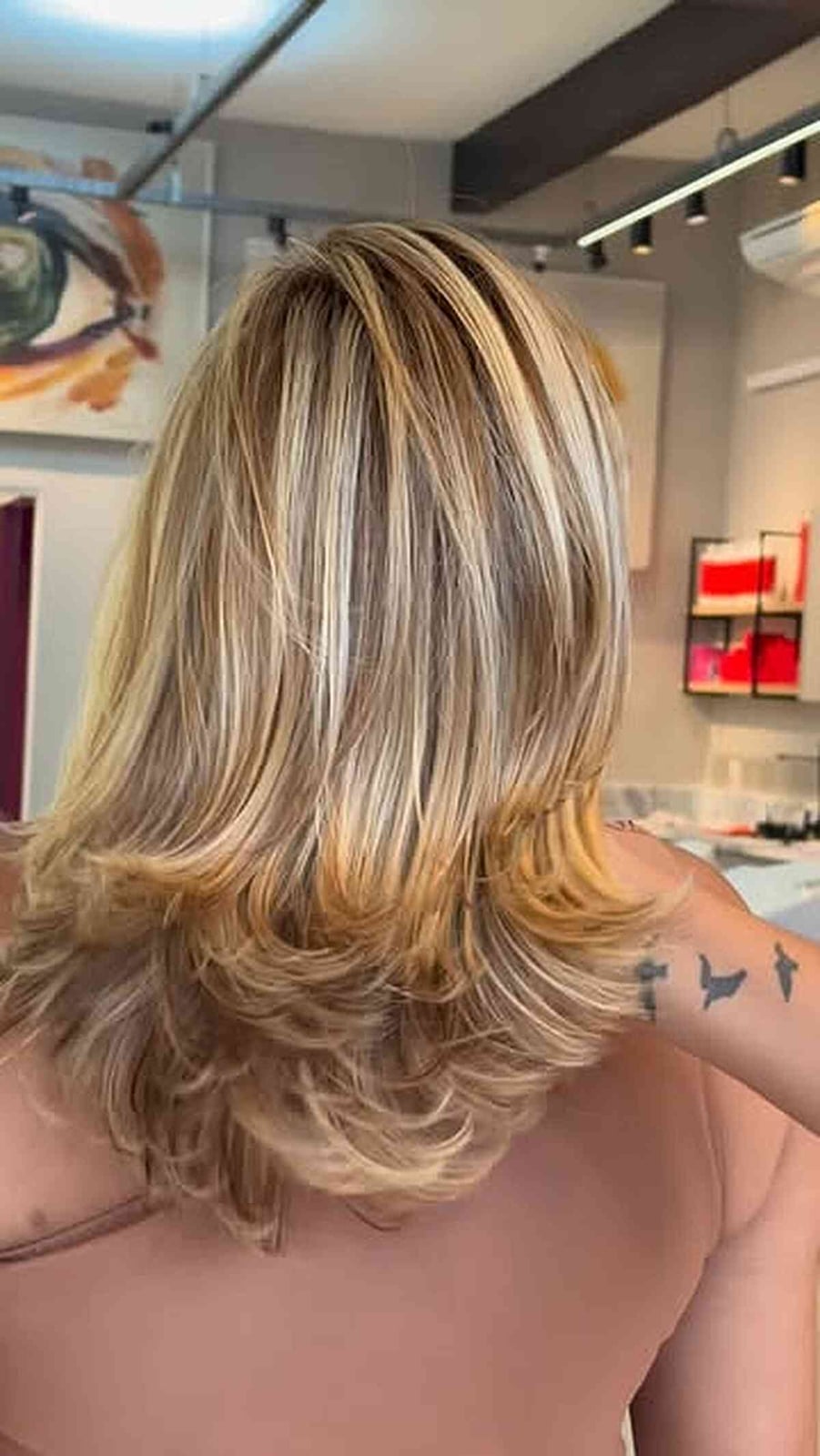 Layered Blonde Hair with Textured Cut and Tattoo Layered Blonde Hair with Textured Cut and Tattoo — Classy Shadow Root