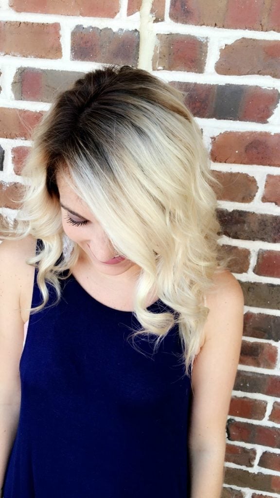 Wavy Blonde Hair with Shadow Root and Navy Tank Top Wavy Blonde Hair with Shadow Root and Navy Tank Top — Classy Shadow Root