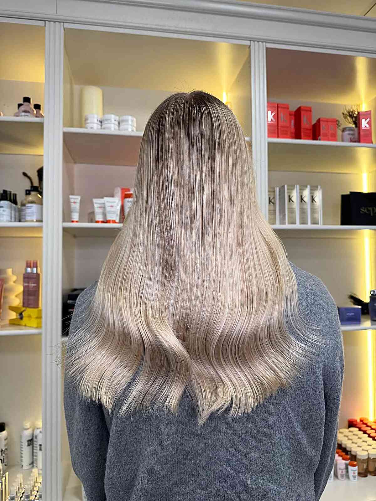 Blended Shadow Root Hair with Grey Knitted Sweater Blended Shadow Root Hair with Grey Knitted Sweater — Classy Shadow Root