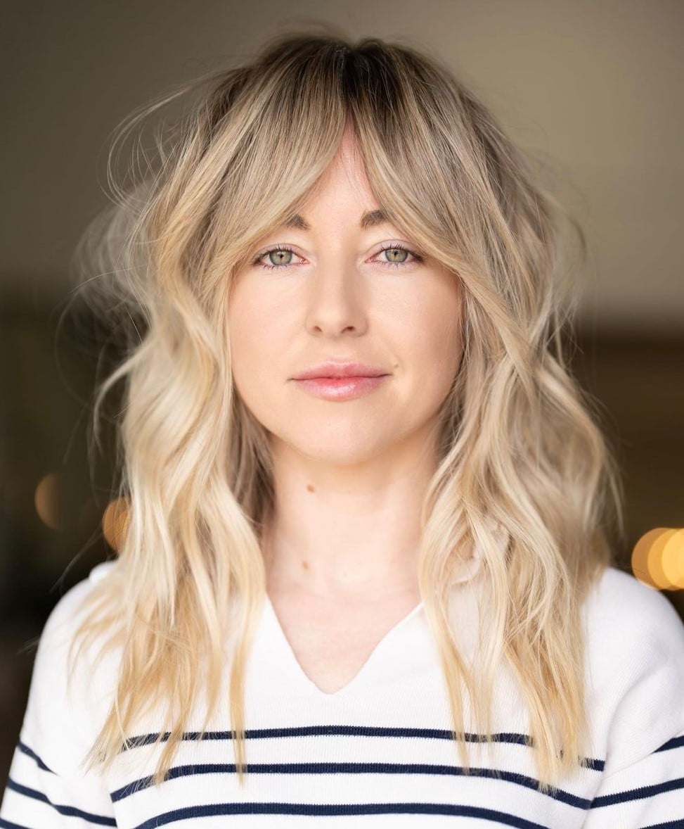 Wavy Blonde Hair with Bangs and Striped Top Wavy Blonde Hair with Bangs and Striped Top — Classy Shadow Root