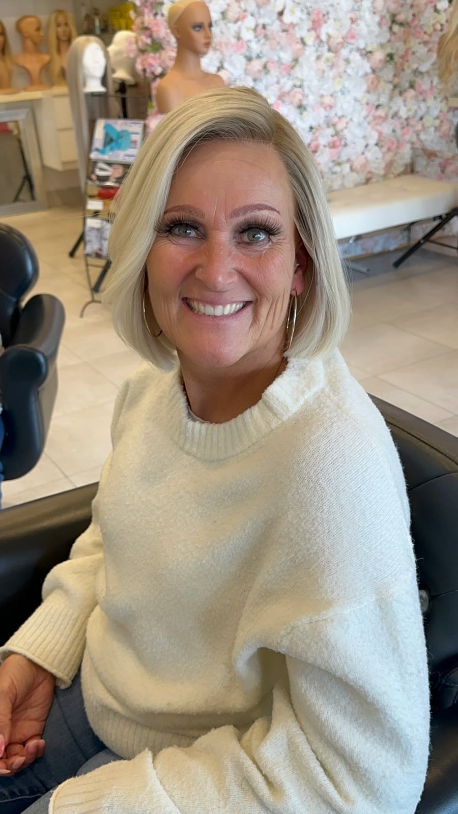 Blonde Bob with Shadow Root and Cream Knit Sweater Blonde Bob with Shadow Root and Cream Knit Sweater — Classy Shadow Root