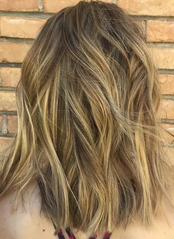 Wavy Lob with Dimensional Brown, Blonde, and Caramel Tones Wavy Lob with Dimensional Brown, Blonde, and Caramel Tones — Classy Shadow Root
