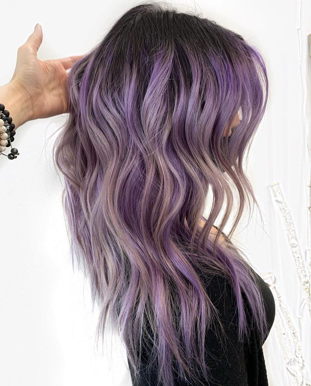 Long Wavy Hair with Shadow Root and Vibrant Purple, Close-Up Take Long Wavy Hair with Shadow Root and Vibrant Purple, Close-Up Take — Classy Shadow Root
