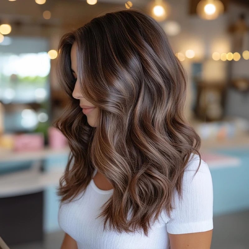 Dimensional Brown Hair with Deep Shadow Root and White Tee Dimensional Brown Hair with Deep Shadow Root and White Tee — Classy Shadow Root
