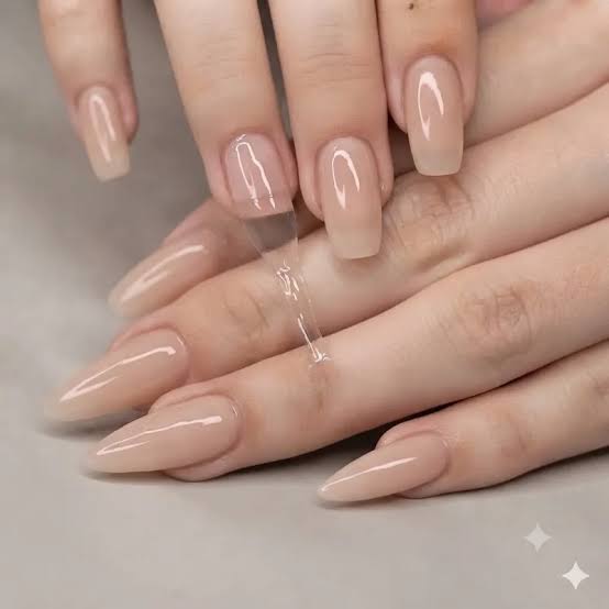 Sheer Nude Glossy Medium Almond Nails With Clear Cuticle Line Sheer Nude Glossy Medium Almond Nails With Clear Cuticle Line — Classy Sheer Nails