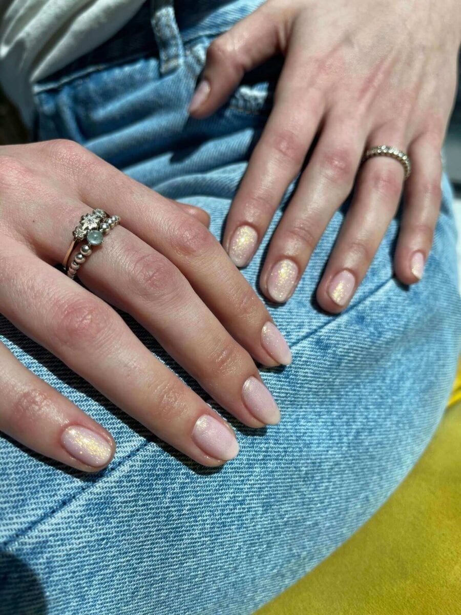 Short Almond Pink Shimmer Glitter Nails Short Almond Pink Shimmer Glitter Nails — Classy Sheer Nails