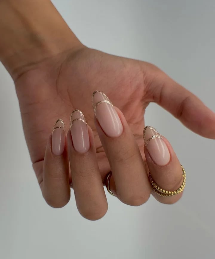 Sheer Nude Gold Glitter French Almond Nails Sheer Nude Gold Glitter French Almond Nails — Classy Sheer Nails