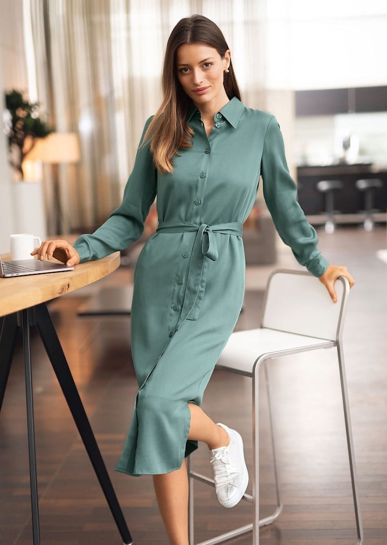 Teal Midi Shirt Dress with Tie Belt and White Sneakers — Classy Shirt Dress Outfits