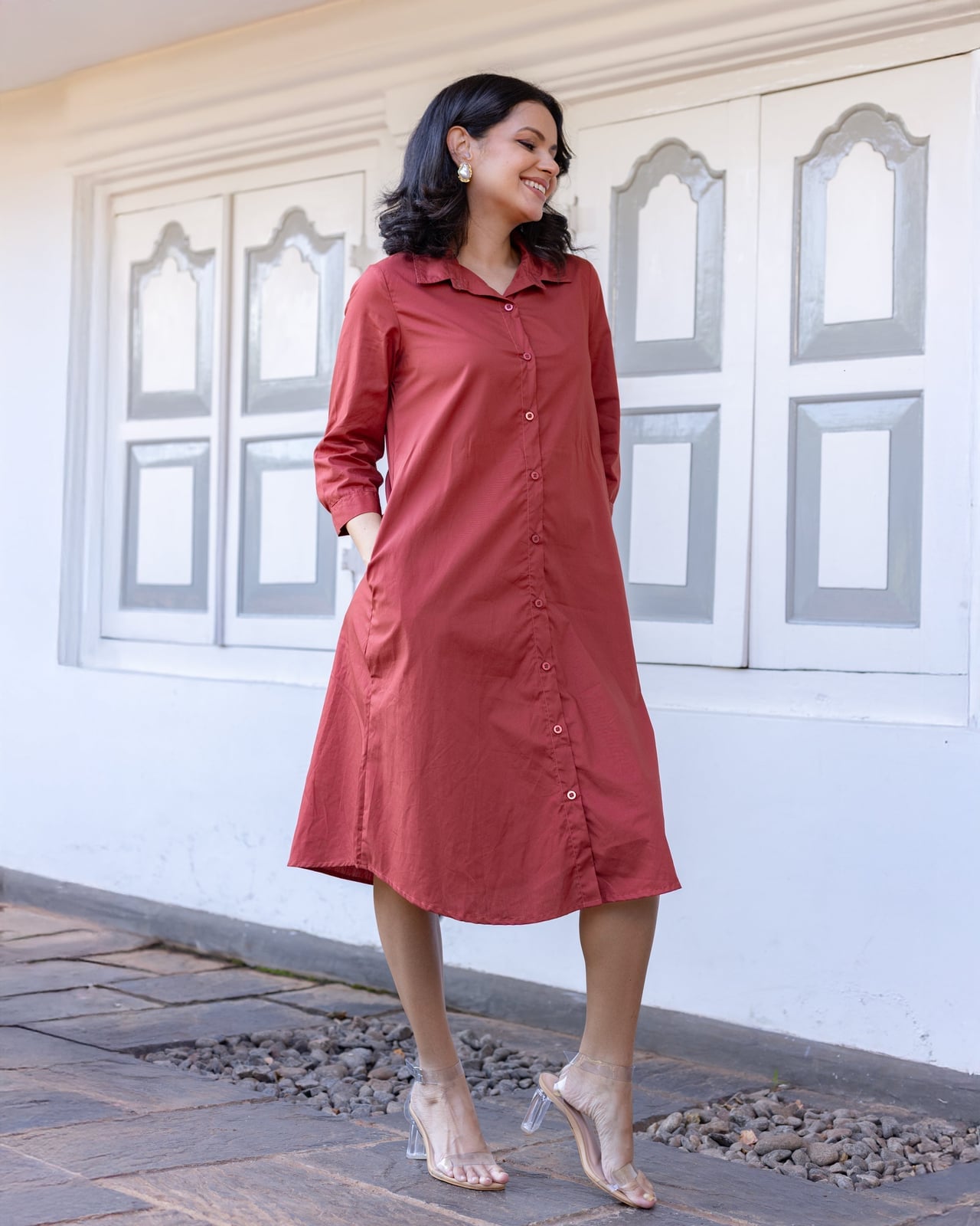 Reddish-Brown Cotton A-Line Shirt Dress with Block Heels — Classy Shirt Dress Outfits