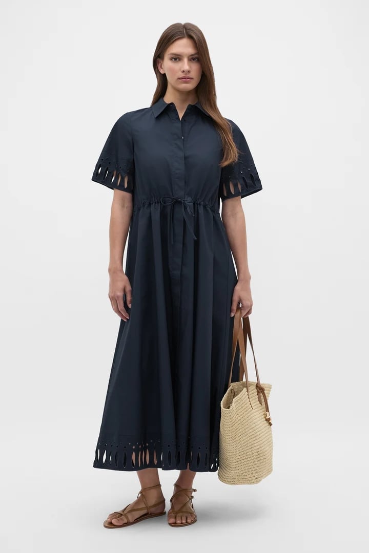 Navy Blue Cotton Shirt Dress with Laser Cut Details — Classy Shirt Dress Outfits
