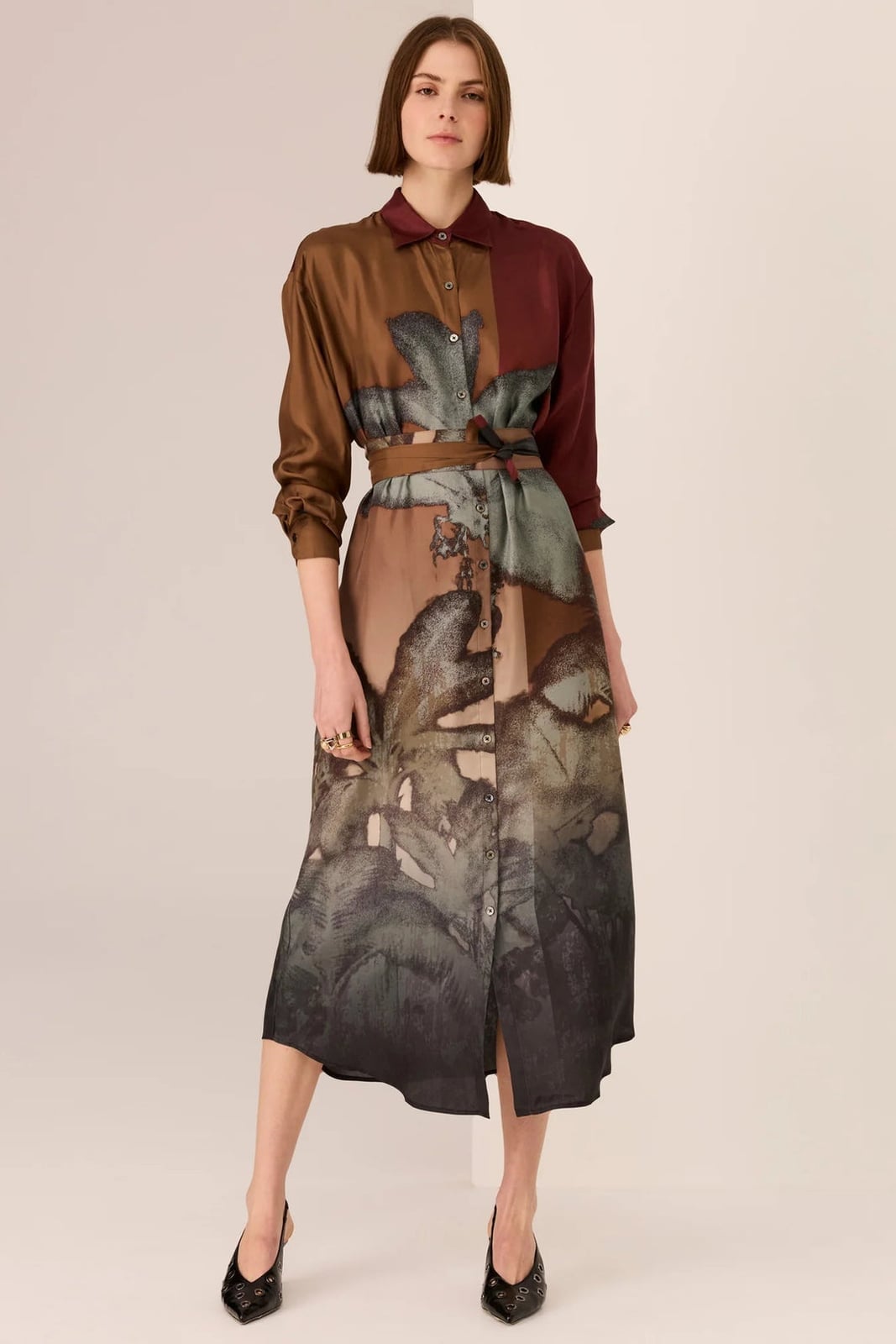 Satin Shirt Dress with Abstract Print and Belted Waist — Classy Shirt Dress Outfits