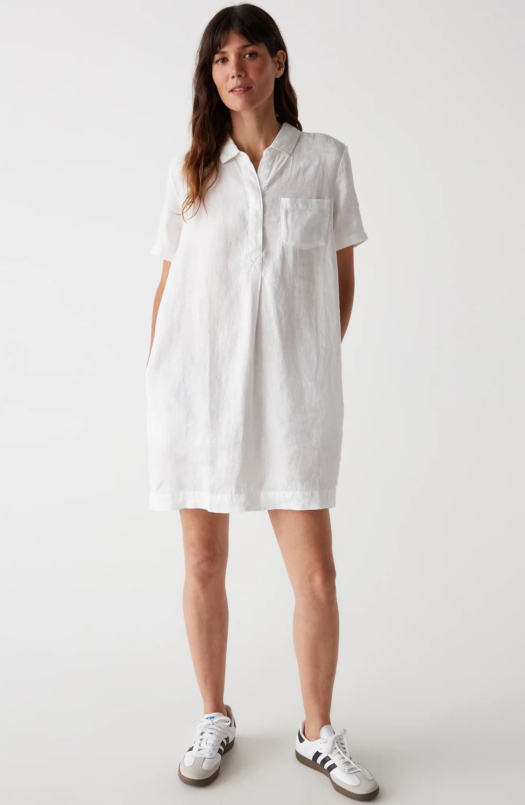 Blue and White Striped Cotton Mini Shirt Dress with Sneakers — Classy Shirt Dress Outfits