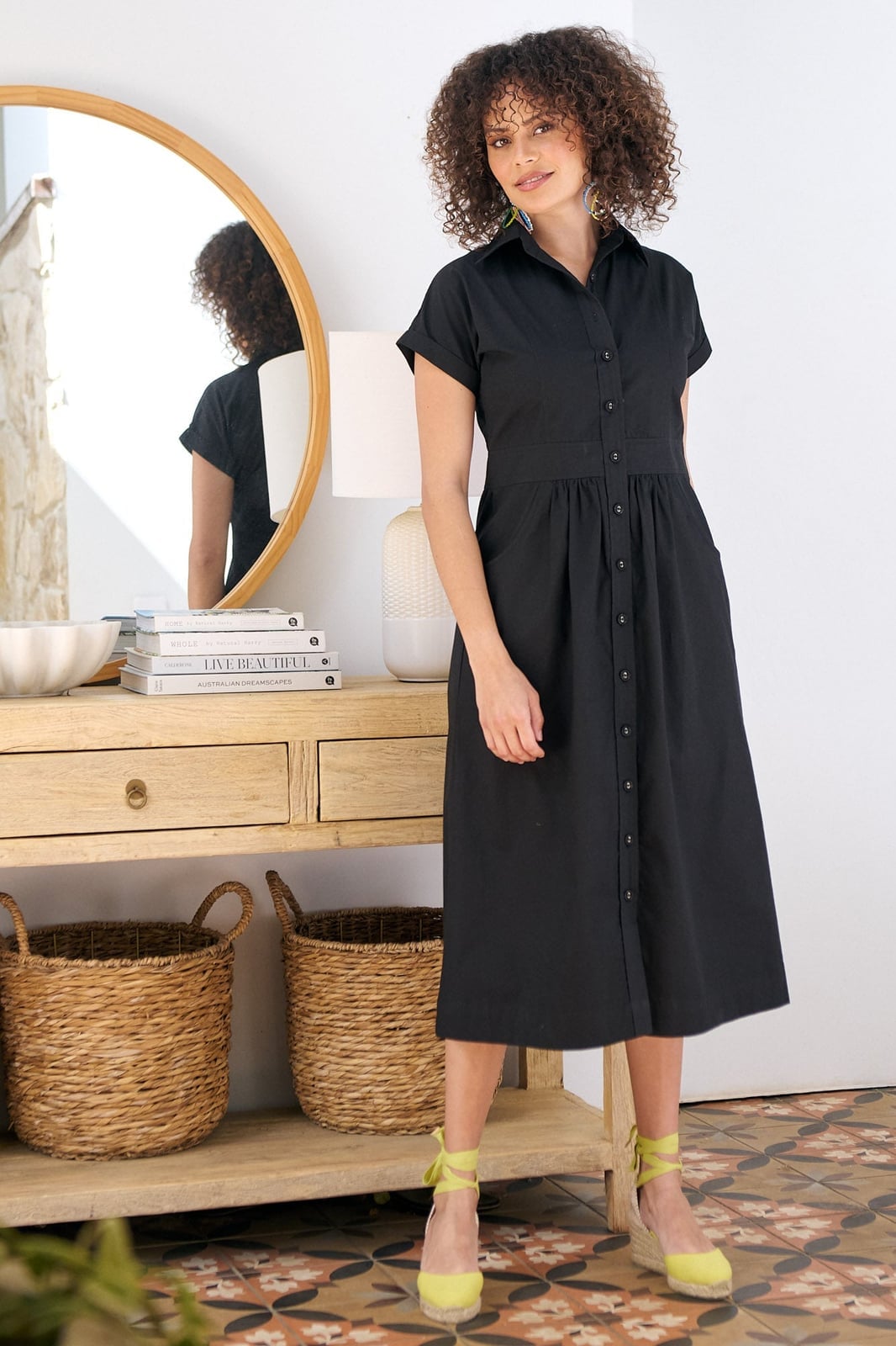 Black Fitted Midi Shirt Dress with Yellow Espadrille Wedges — Classy Shirt Dress Outfits
