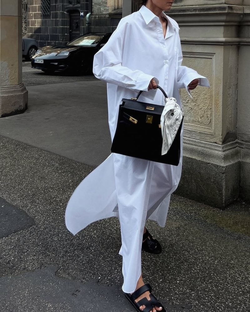 Oversized Crisp Cotton Shirt Dress with Black Flats — Classy Shirt Dress Outfits