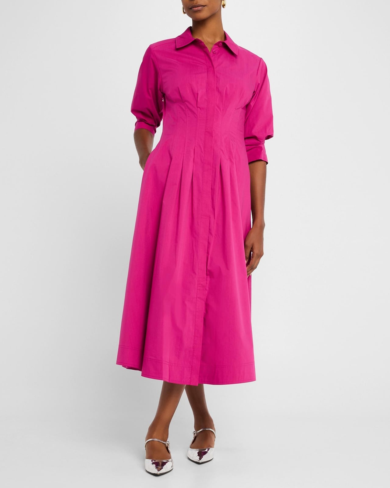Hot Pink Cotton Shirt Dress with Flared Skirt — Classy Shirt Dress Outfits
